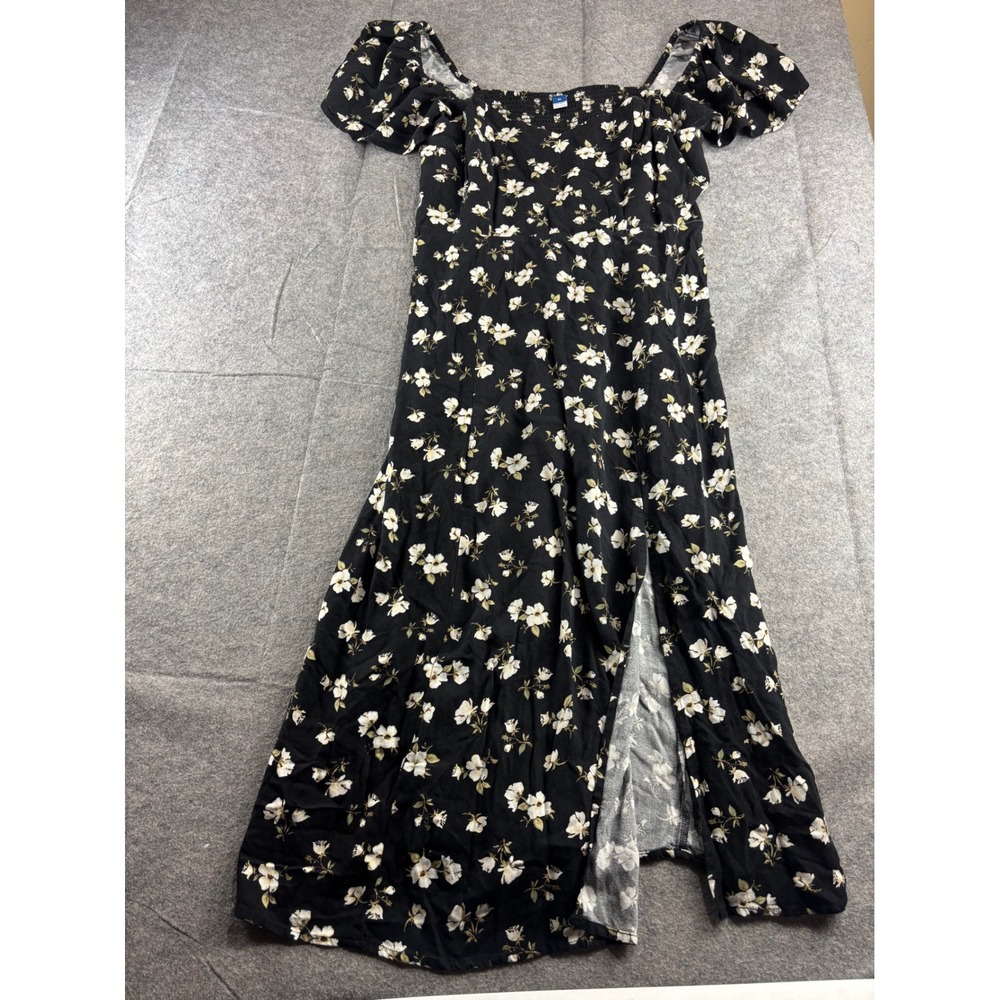 Old Navy Womens XL Black Floral Smocked Puff Sleeve Maxi Dress Side Slit Whimsy